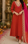 Crimson Elegance Embroidered Kurta Set with Hot Pink Dupatta