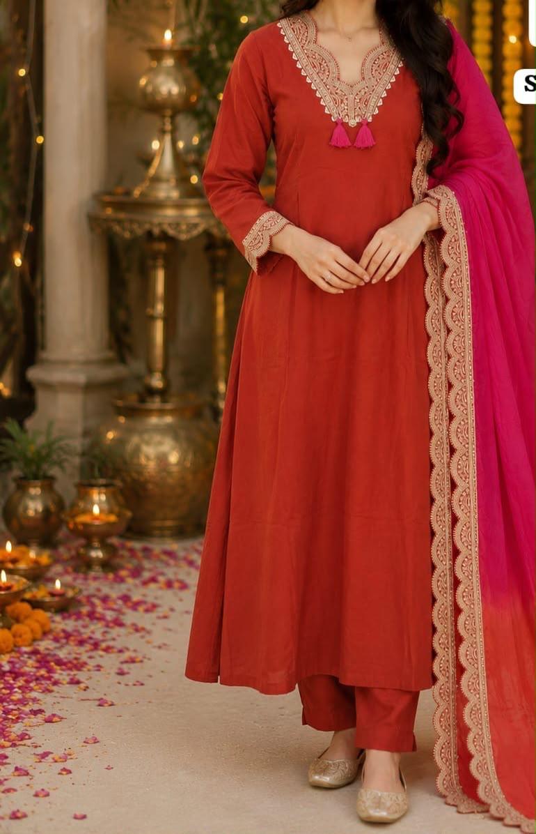 Crimson Elegance Embroidered Kurta Set with Hot Pink Dupatta