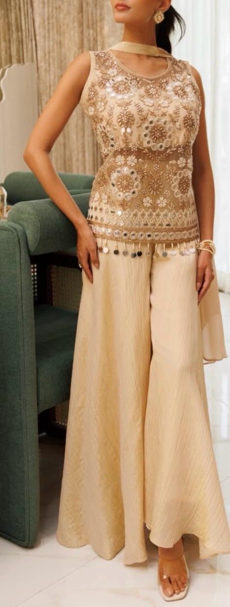 Gilded Champagne Embroidered Tunic & Flared Palazzo Set