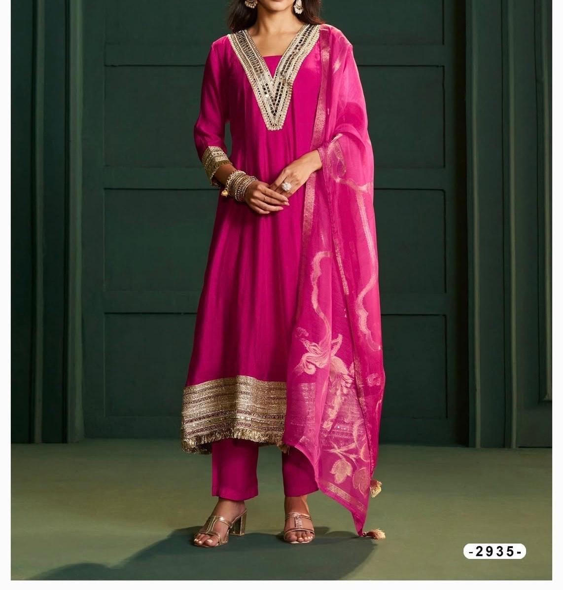 Magenta Pink Hand-Embroidered Kurta Set with Brocade Dupatta